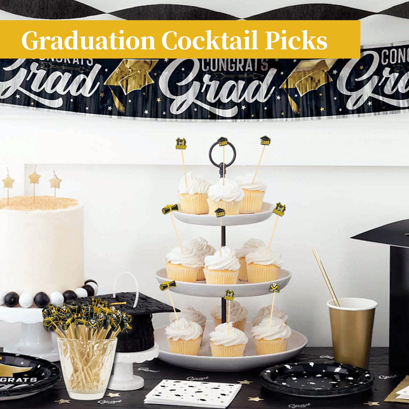 120Pcs Graduation Cocktail Picks,4.7inch Bachelor Hat Cocktail Toothpicks Bamboo Appetizers Food Picks for Graduation Party Supplies