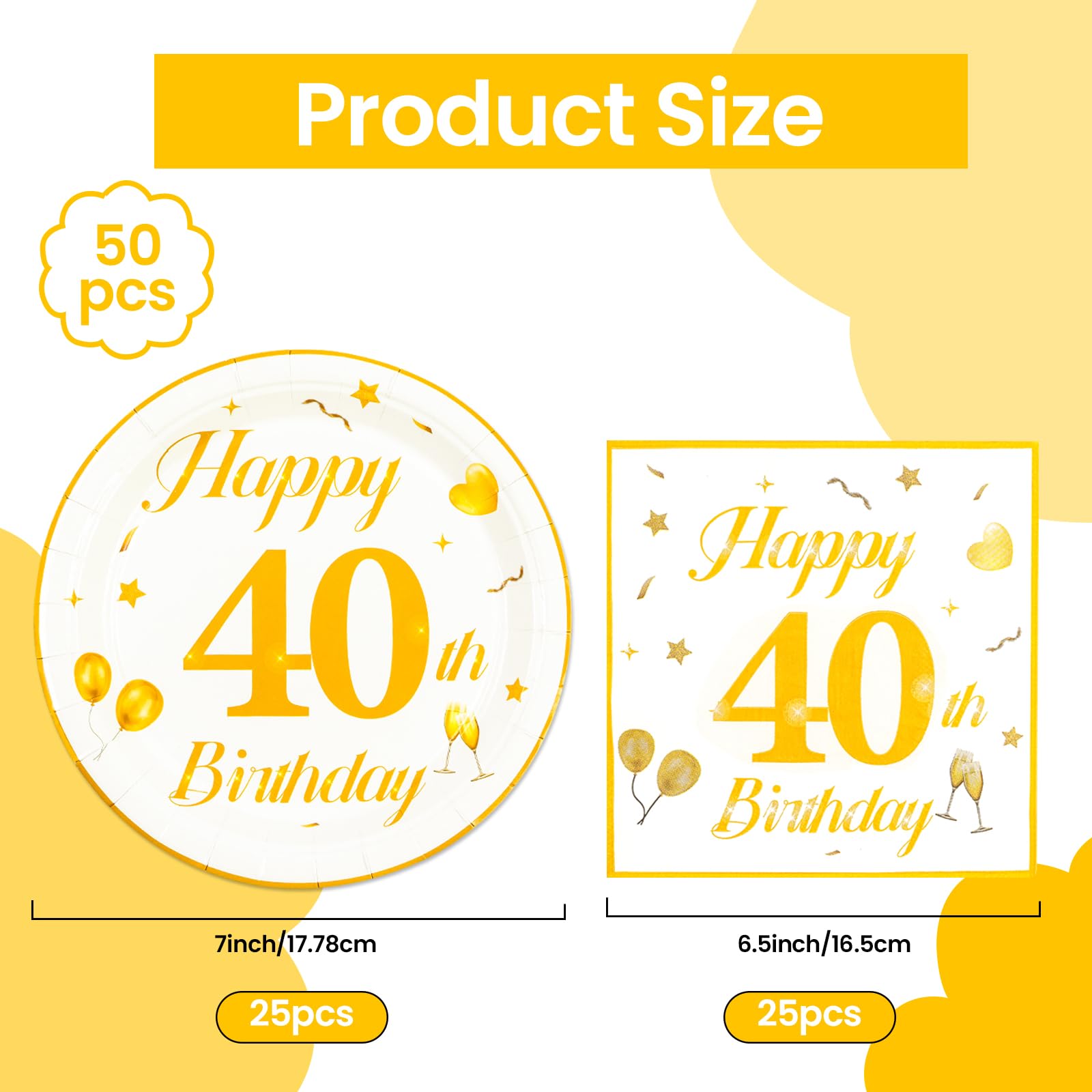 EVYIENEN 50PCS 40th Happy Birthday Plates and Napkins,7 Inch Premium Wihte and Gold Birthday Dessert Cake Plates Party and Cocktail Napkin for Men and WomenTable Anniversary Decoration