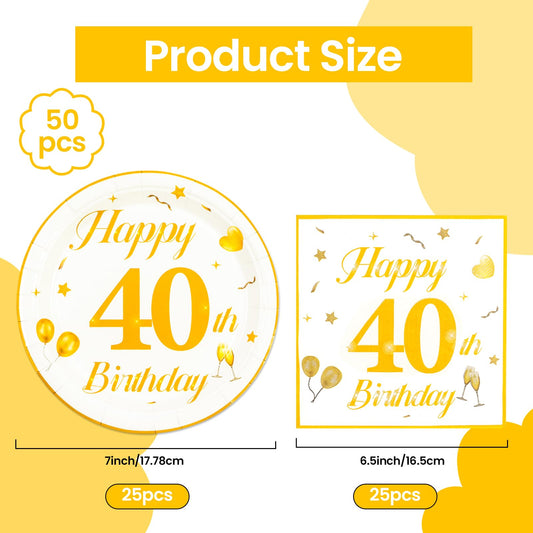 EVYIENEN 50PCS 40th Happy Birthday Plates and Napkins,7 Inch Premium Wihte and Gold Birthday Dessert Cake Plates Party and Cocktail Napkin for Men and WomenTable Anniversary Decoration