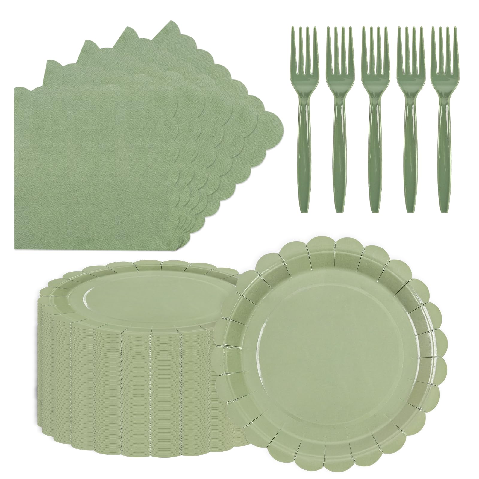 150Pcs Sage Green Paper Plates and Napkins,50 Sage Green Guest Scalloped Paper Tableware Forks Disposable Dinnerwaret Kit for Baby Shower Bridal Wedding Birthday Party New Year Decorations (9inch)