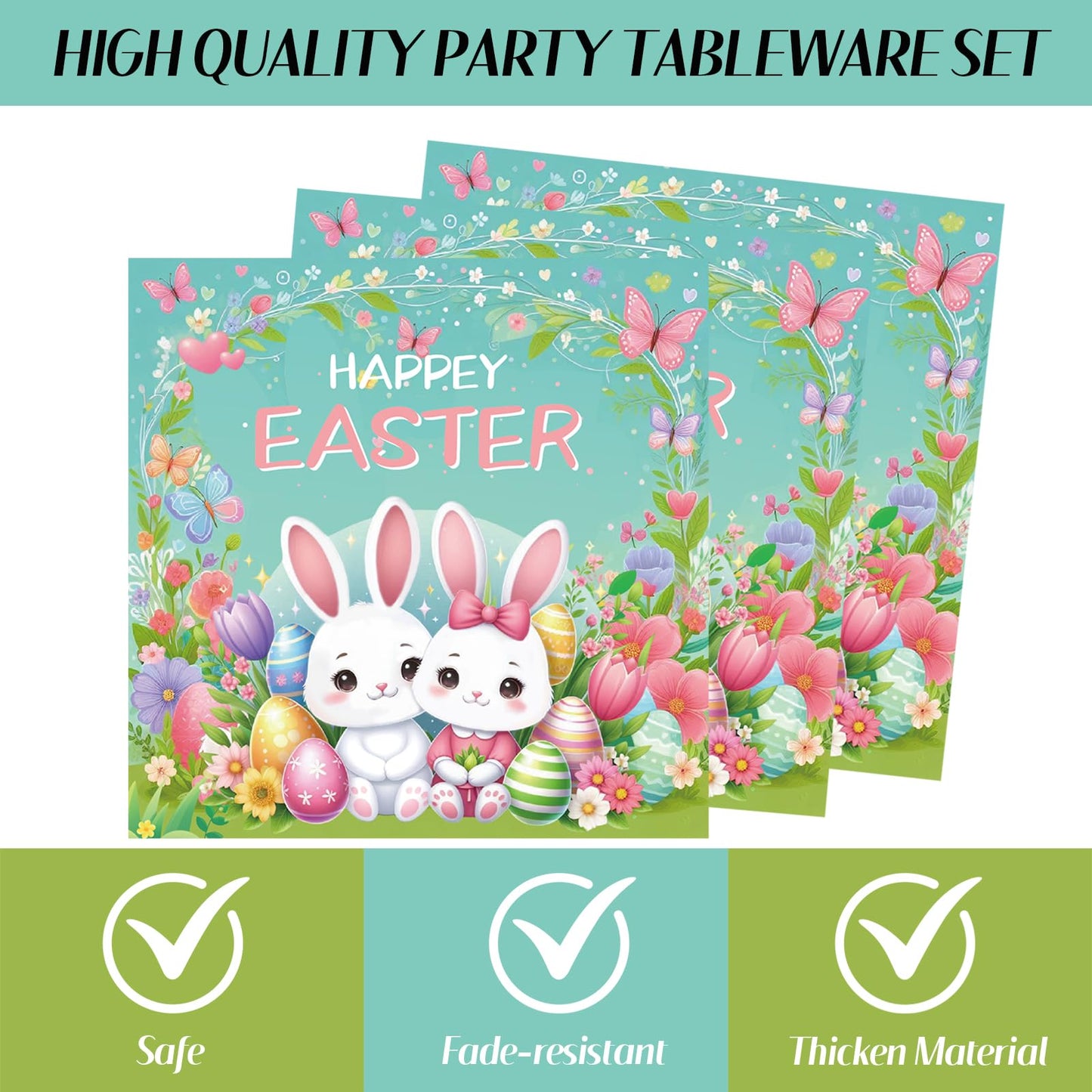75Pcs Easter Bunny Tableware Set with Forks, 7 Inch Disposable Egg and Spring Flower Plates and Napkins, Serves 25