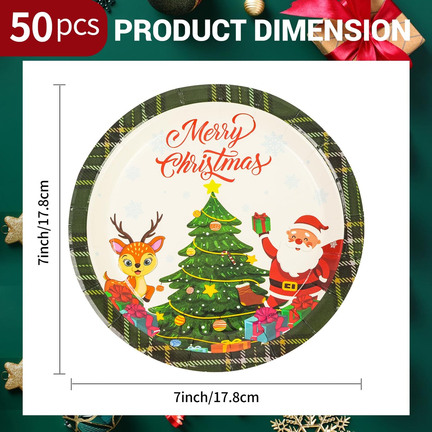 EVYIENEN 50pcs Disposable 7 Inch Paper Plates - Dessert Plates With Merry Christmas Letters, Party Decoration Supplies