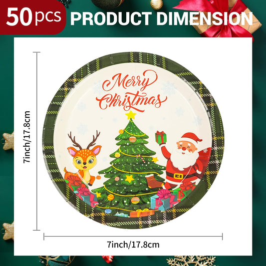 50pcs Disposable 7 Inch Paper Plates - Dessert Plates With Merry Christmas Letters, Party Decoration Supplies