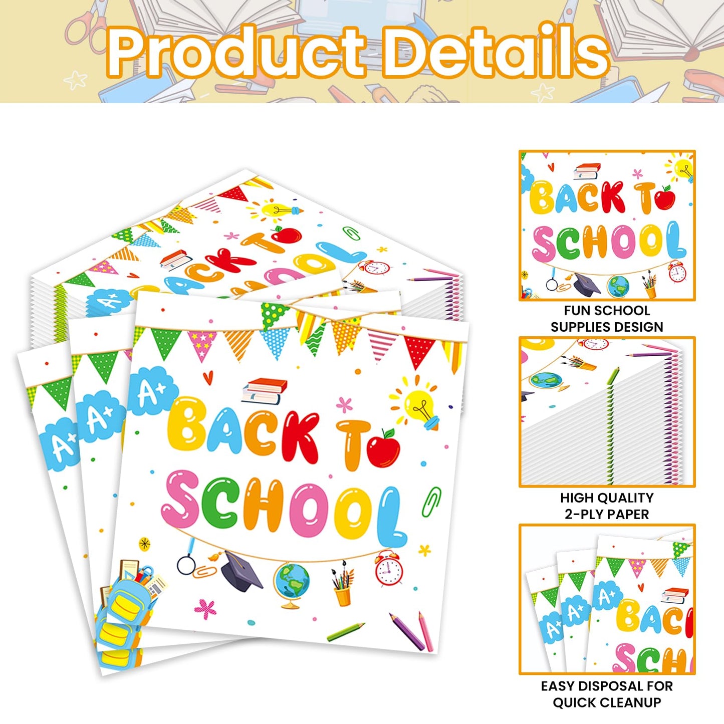50 Pcs Back to School Paper Napkins,Disposable School Supplies Design Apples Pencil Notebook Beverage Dessert Napkin for Classroom, Teacher Appreciation, Kindergarten, First Day of School Decoration