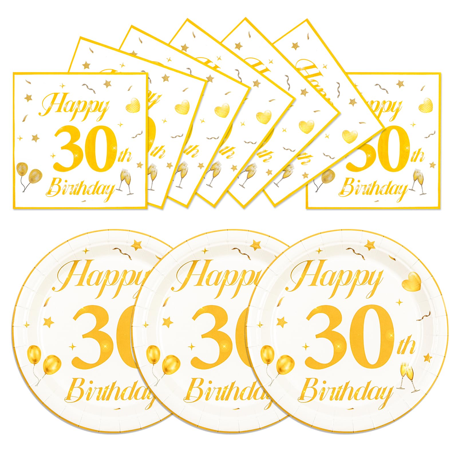 EVYIENEN 50PCS 30th Happy Birthday Plates and Napkins,7 Inch Premium Wihte and Gold Birthday Dessert Cake Plates Party and Cocktail Napkin for Men and Women Table Anniversary Decoration