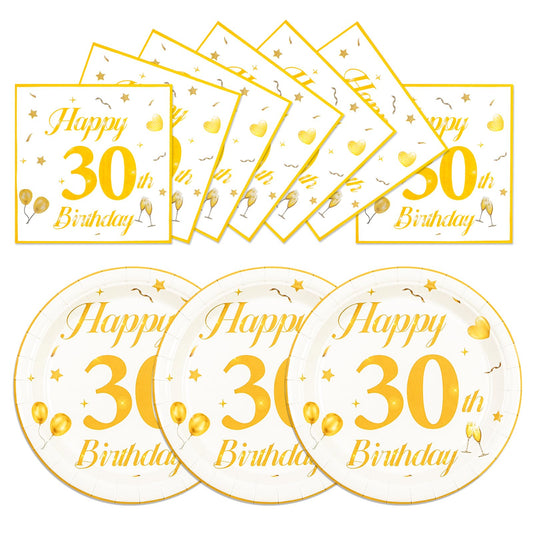 EVYIENEN 50PCS 30th Happy Birthday Plates and Napkins,7 Inch Premium Wihte and Gold Birthday Dessert Cake Plates Party and Cocktail Napkin for Men and Women Table Anniversary Decoration