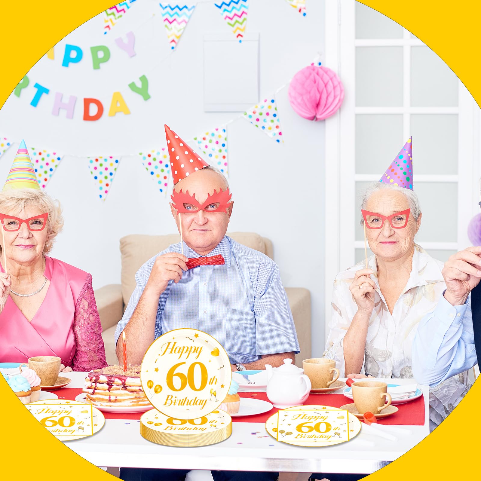 EVYIENEN 50PCS 60th Happy Birthday Plates and Napkins,7 Inch Premium Wihte and Gold Birthday Dessert Cake Plates Party and Cocktail Napkin for Men and Women Table Anniversary Decoration