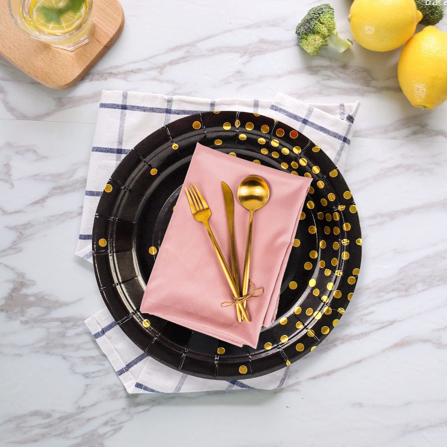 EVYIENEN 50 Pack Black and Gold Paper Plates, 7inch Metallic Foil Polka Dots Disposable Dessert Party Plates Party Supplies for Graduation Birthday Party Weddings Holiday