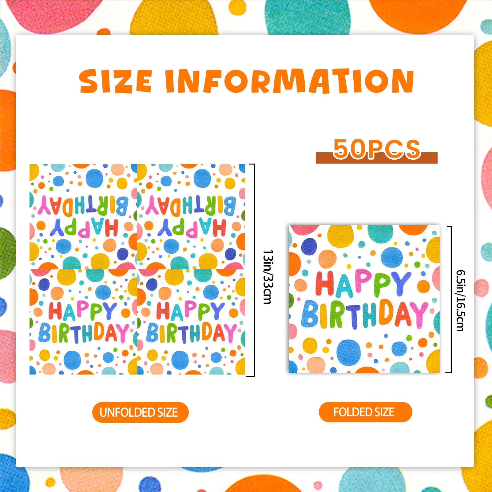 50PCS Happy Birthday Paper Napkins 13 x 13 Inches Luncheon Napkins Colourful Dots Cocktail Napkins Disposable Theme Tableware Party Decorations Supplies for Kids Baby Shower Party