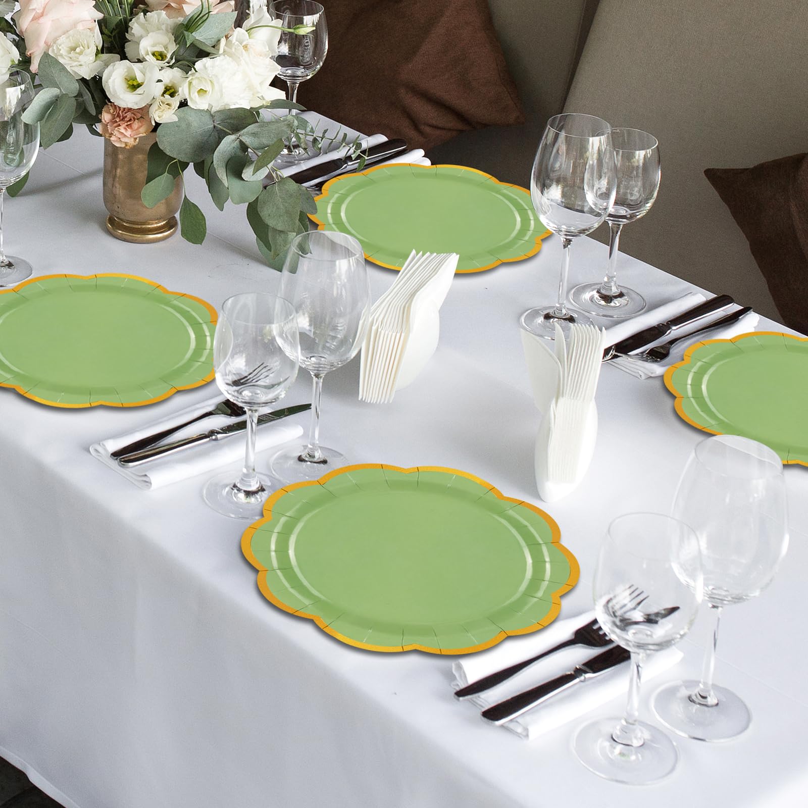 EVYIENEN 50 Pcs Sage Green Paper Plates,7 Inches Gold Foil Disposable Scalloped Paper Party Plates for Cake Dessert Halloween Fall Thanksgiving Birthday Wedding Baby Shower Party Decorations