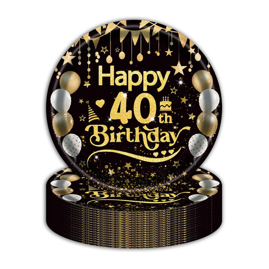 50Pcs 40th Birthday Paper Plates, 7 Inch Black and Gold Disposable Dessert Plates for Men and Women, 40th Birthday and Wedding Party