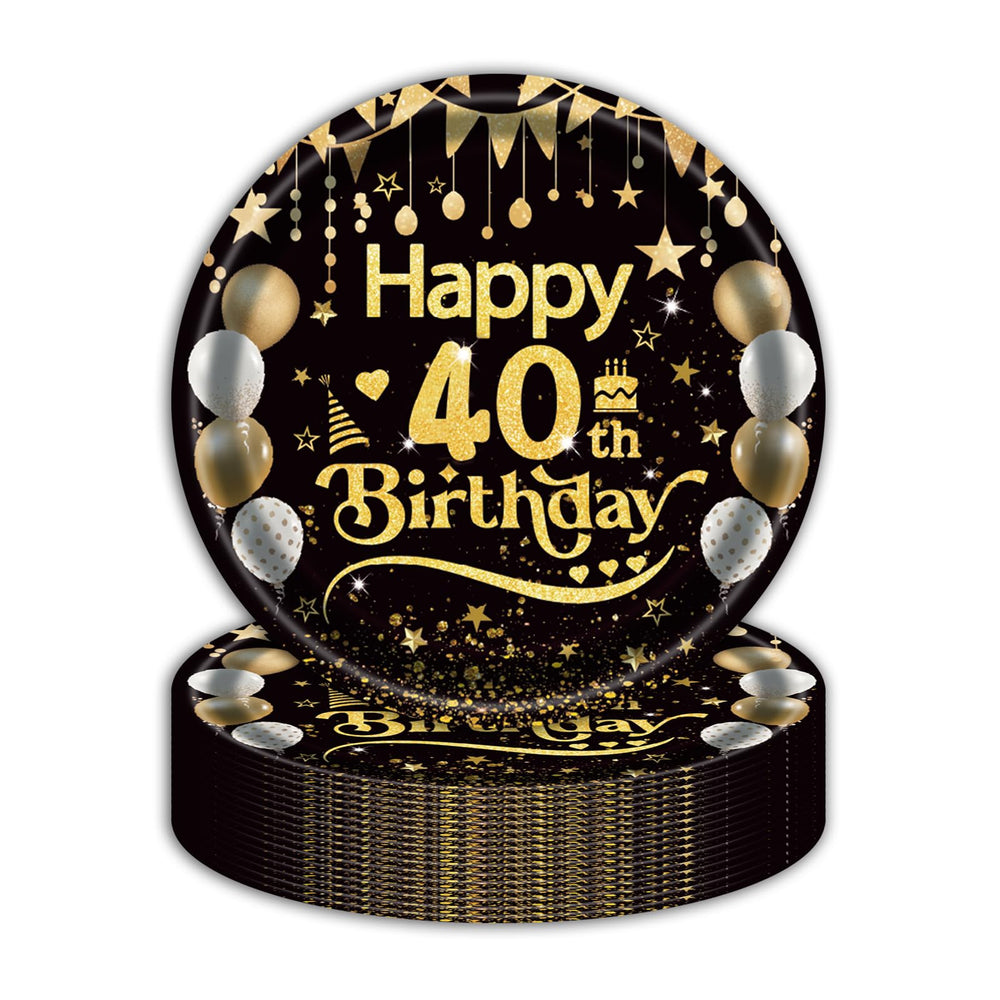 50Pcs 40th Birthday Paper Plates, 9 Inch Black and Gold Disposable Dessert Plates for Men and Women, 40th Birthday and Wedding Party