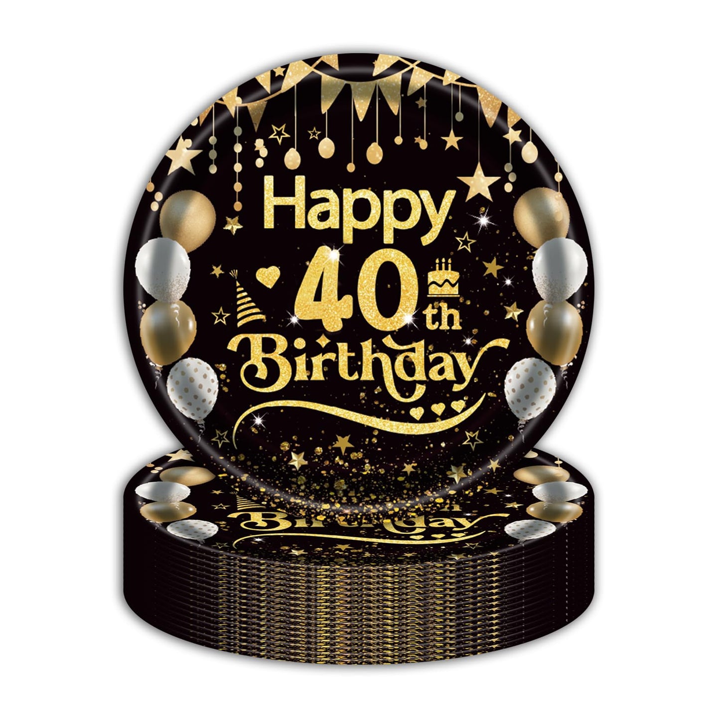 50Pcs 40th Birthday Paper Plates, 9 Inch Black and Gold Disposable Dessert Plates for Men and Women, 40th Birthday and Wedding Party