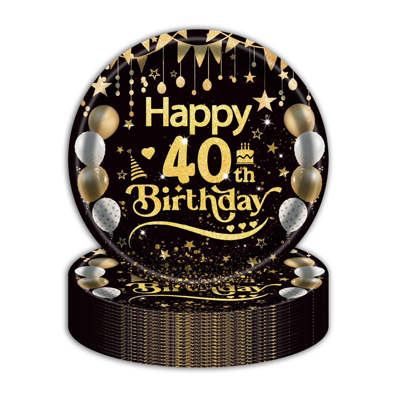 50Pcs 40th Birthday Paper Plates, 9 Inch Black and Gold Disposable Dessert Plates for Men and Women, 40th Birthday and Wedding Party