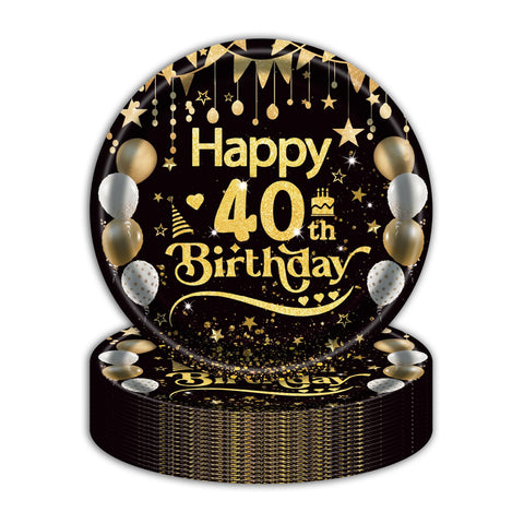 50Pcs 40th Birthday Paper Plates, 9 Inch Black and Gold Disposable Dessert Plates for Men and Women, 40th Birthday and Wedding Party