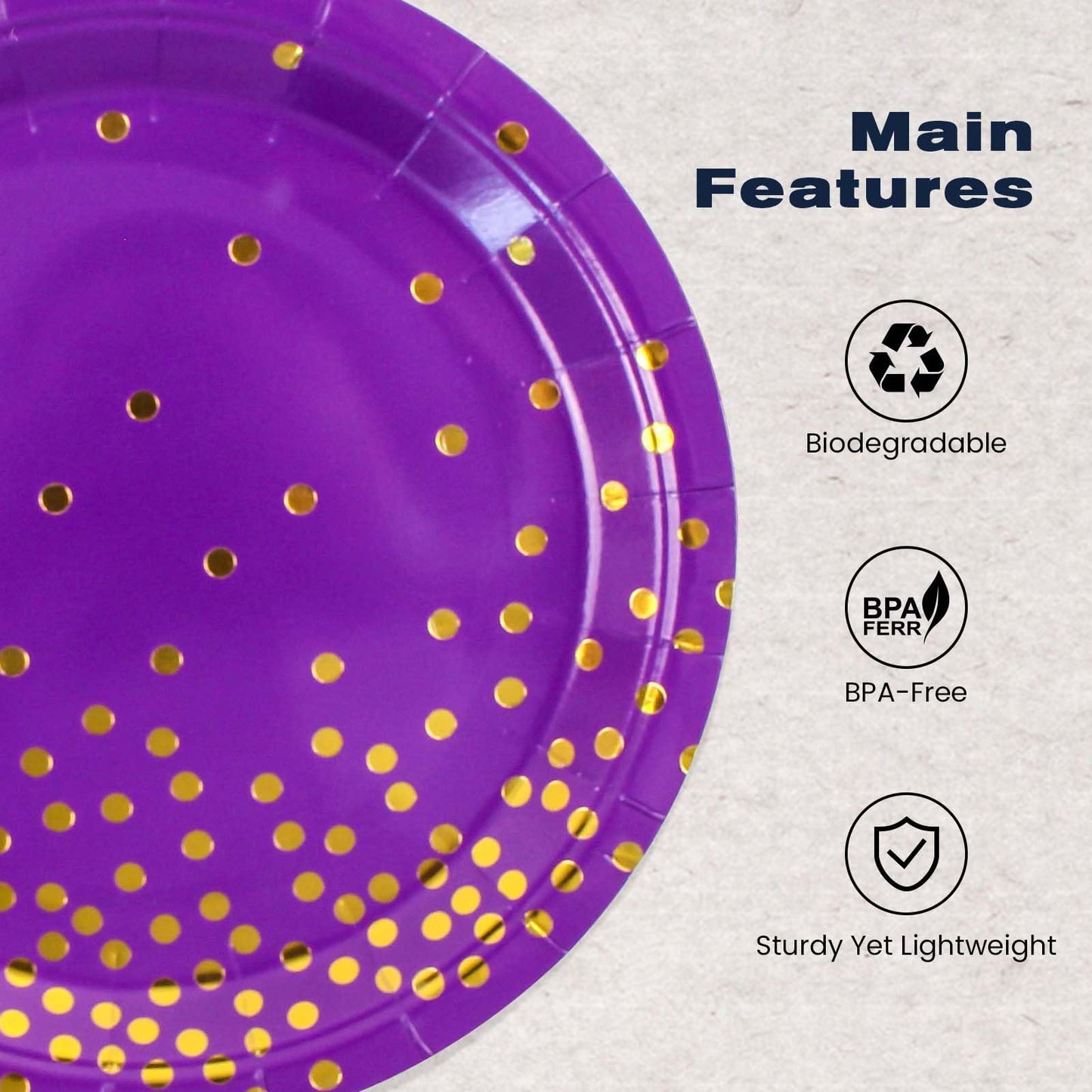 EVYIENEN 50 Pcs Purple and Gold Paper Plates, 7 inch Halloween Disposable Dessert Party Plates Party Supplies for Halloween Fall Thanksgiving Birthday Wedding Party Decorations