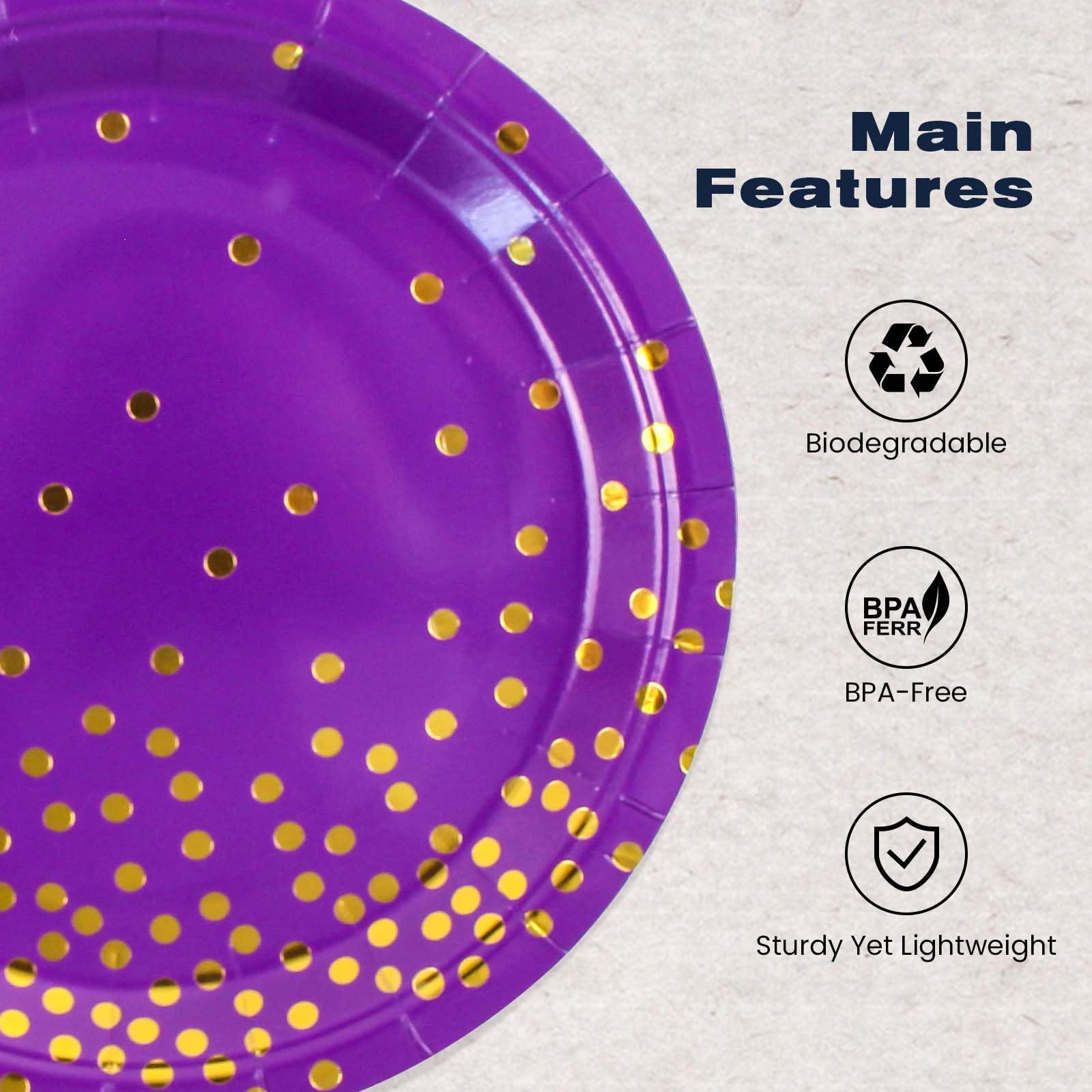 EVYIENEN 50 Pcs Purple and Gold Paper Plates, 7 inch Halloween Disposable Dessert Party Plates Party Supplies for Halloween Fall Thanksgiving Birthday Wedding Party Decorations