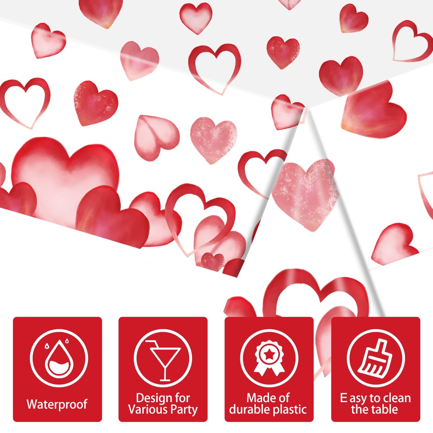 EVYIENEN 3 Pack Valentines Day Plastic Tablecloths,Disposable Red Pink Heart Love Rectangle Table Cover for Wedding Birthday Anniversary Engagement Weeding Party Supplies, 54x108 Inch