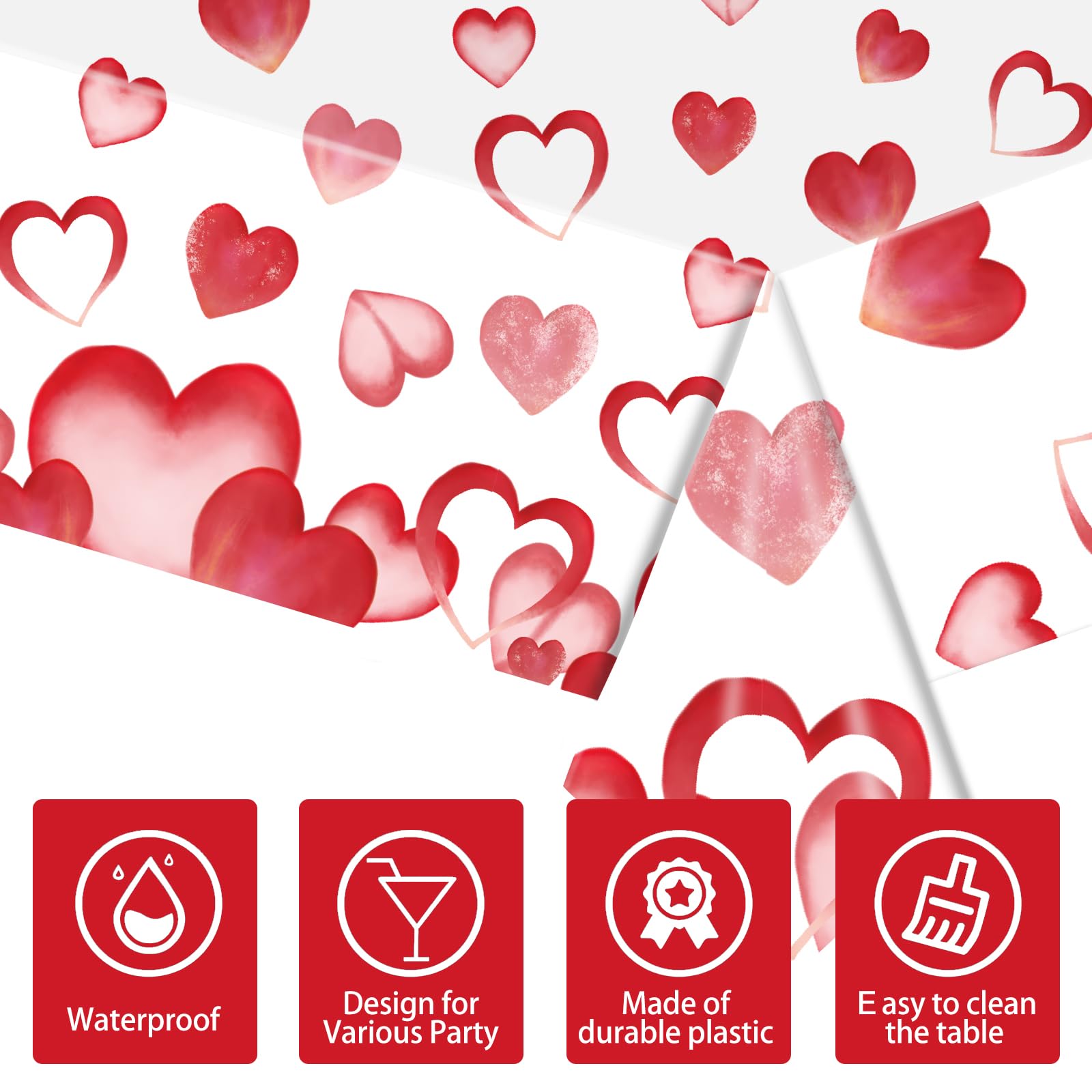 EVYIENEN 3 Pack Valentines Day Plastic Tablecloths,Disposable Red Pink Heart Love Rectangle Table Cover for Wedding Birthday Anniversary Engagement Weeding Party Supplies, 54x108 Inch