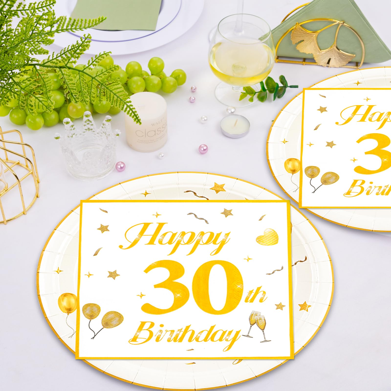 EVYIENEN 50PCS 30th Happy Birthday Plates and Napkins,7 Inch Premium Wihte and Gold Birthday Dessert Cake Plates Party and Cocktail Napkin for Men and Women Table Anniversary Decoration