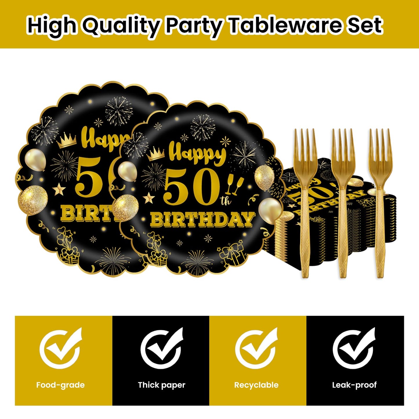 EVYIENEN 96Pcs 50th Birthday Party Tableware Set,Back in 1965 Birthday Party Decorations Supplies, Disposable Black and Gold 50th Birthdays Paper Plates Napkins Forks Favors for Men Women, Serve 24