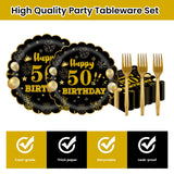 EVYIENEN 96Pcs 50th Birthday Party Tableware Set,Back in 1965 Birthday Party Decorations Supplies, Disposable Black and Gold 50th Birthdays Paper Plates Napkins Forks Favors for Men Women, Serve 24