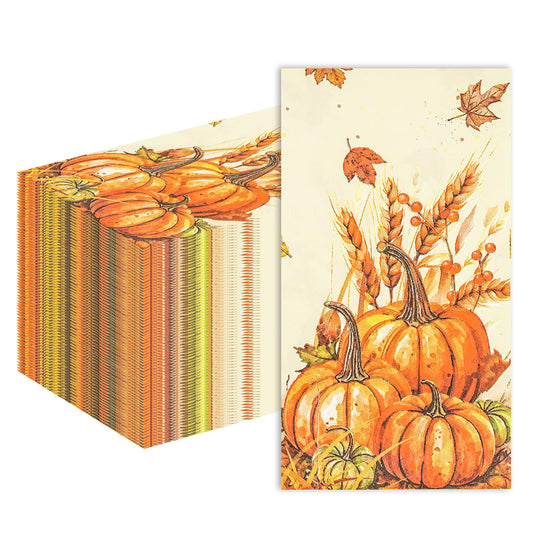 100 Pcs Fall Paper Napkin,Thanksgiving Guest Napkins,Disposable Paper Decorative Guest Napkins,Thanksgiving Harvest Pumpkin for Autumn Party Lunch Dinner Kitchen Bathroom Decor