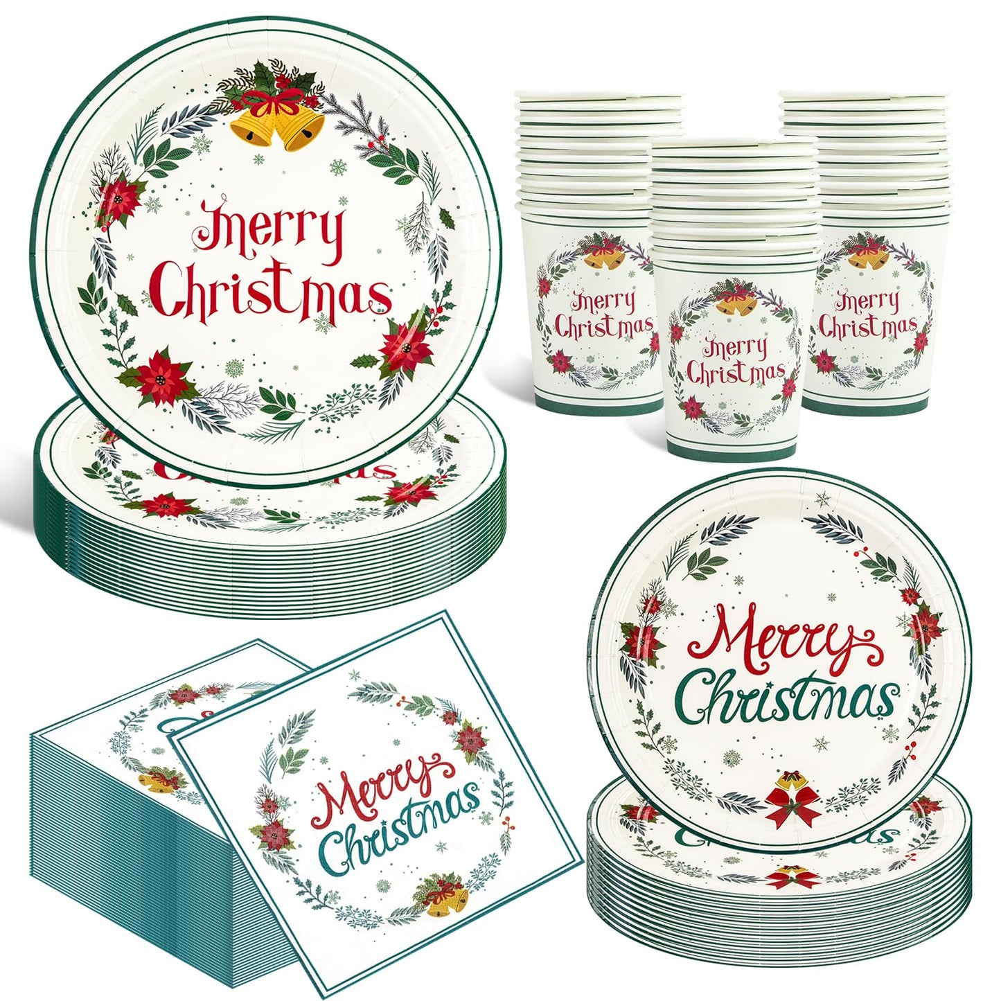 EVYIENEN 200 PCS Christmas Paper Plates and Napkins,Xmas Poinsettia Flower Tree Disposable Dinner Plates Party Dessert Plates for Christma Xmas Winter Party Supplies,Serves 50