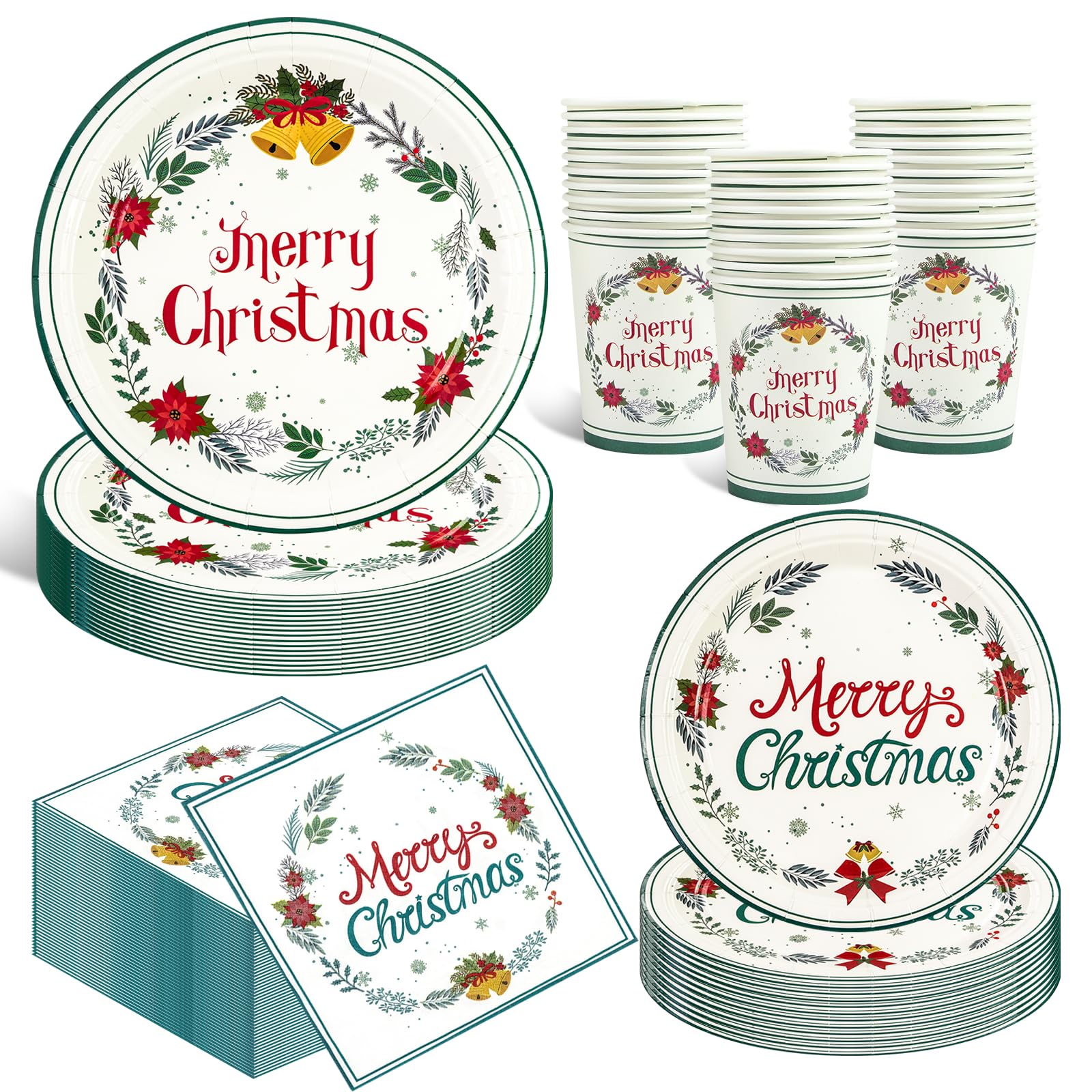 EVYIENEN 200 PCS Christmas Paper Plates and Napkins,Xmas Poinsettia Flower Tree Disposable Dinner Plates Party Dessert Plates for Christma Xmas Winter Party Supplies,Serves 50