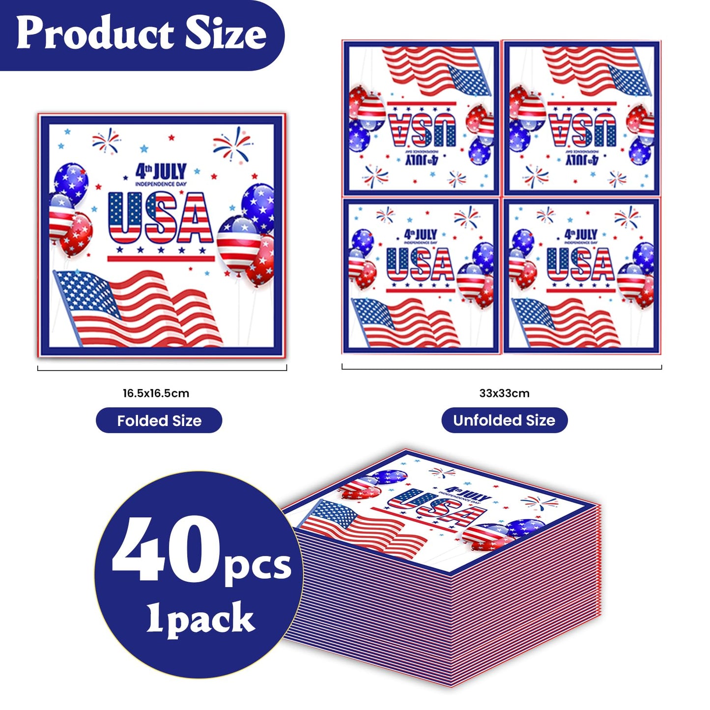 40Pcs 4th of July Napkins,American Flag Patriotic Disposable Luncheon Cocktail Paper Napkins for Independence Patriotic Party Supplies- 6.5 x 6.5 Inch