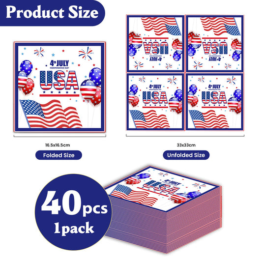 40Pcs 4th of July Napkins, American Flag Patriotic Disposable Luncheon Cocktail Napkins for Independence Day Party, 6.5 x 6.5 Inch