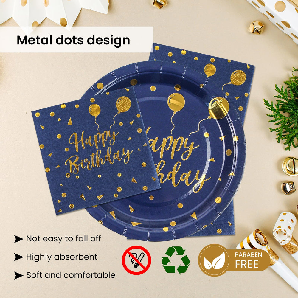 168PCS Happy Birthday Blue and Gold Party Supplies,Disposable Party Decorations Paper Plates Napkins Cups Plastic Forks Knives Spoons for Birthday New Year Wedding,Serve 24 — image 4