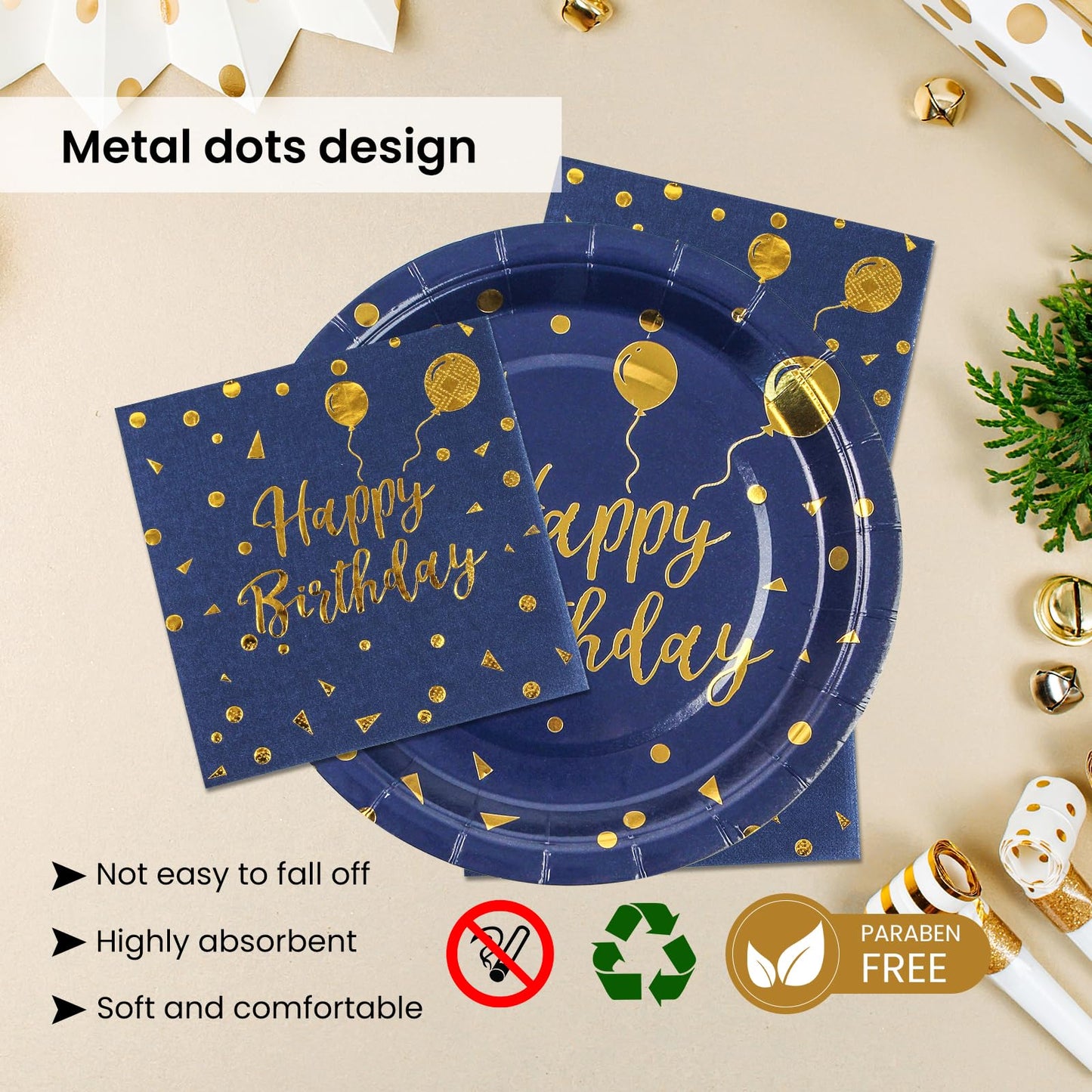 168PCS Happy Birthday Blue and Gold Party Supplies,Disposable Party Decorations Paper Plates Napkins Cups Plastic Forks Knives Spoons for Birthday New Year Wedding,Serve 24