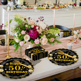 EVYIENEN 96Pcs 50th Birthday Party Tableware Set,Back in 1965 Birthday Party Decorations Supplies, Disposable Black and Gold 50th Birthdays Paper Plates Napkins Forks Favors for Men Women, Serve 24