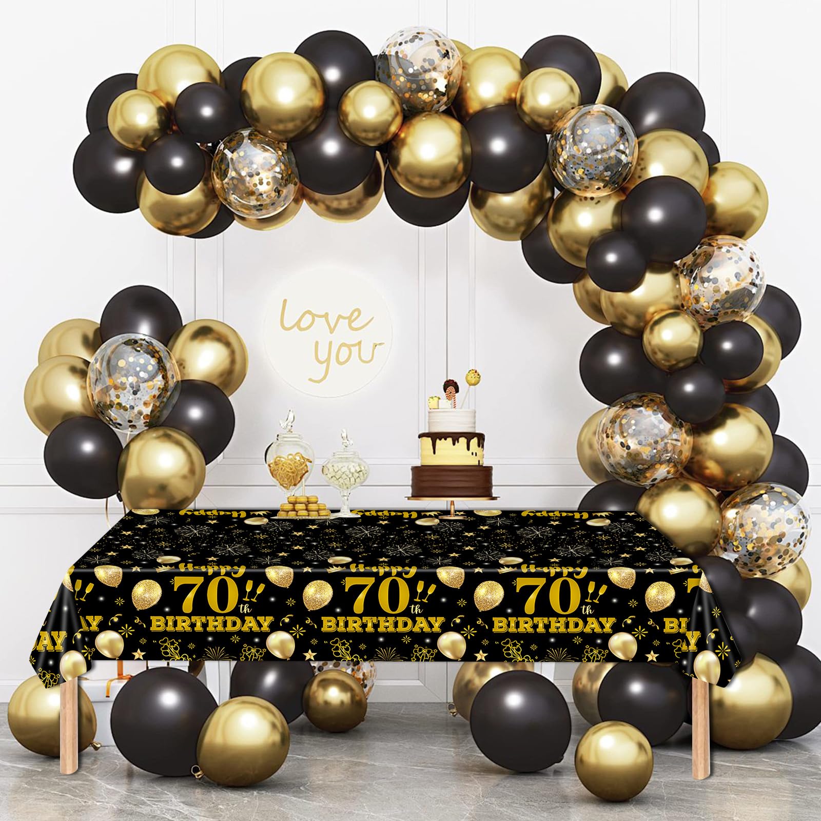 EVYIENEN 2 Pack 70th Birthday Tablecloth,Disposable Black Gold Plastic Waterproof Rectangular Table Covers for Christmas Party Decorations Men Women, 54 x 108 Inch