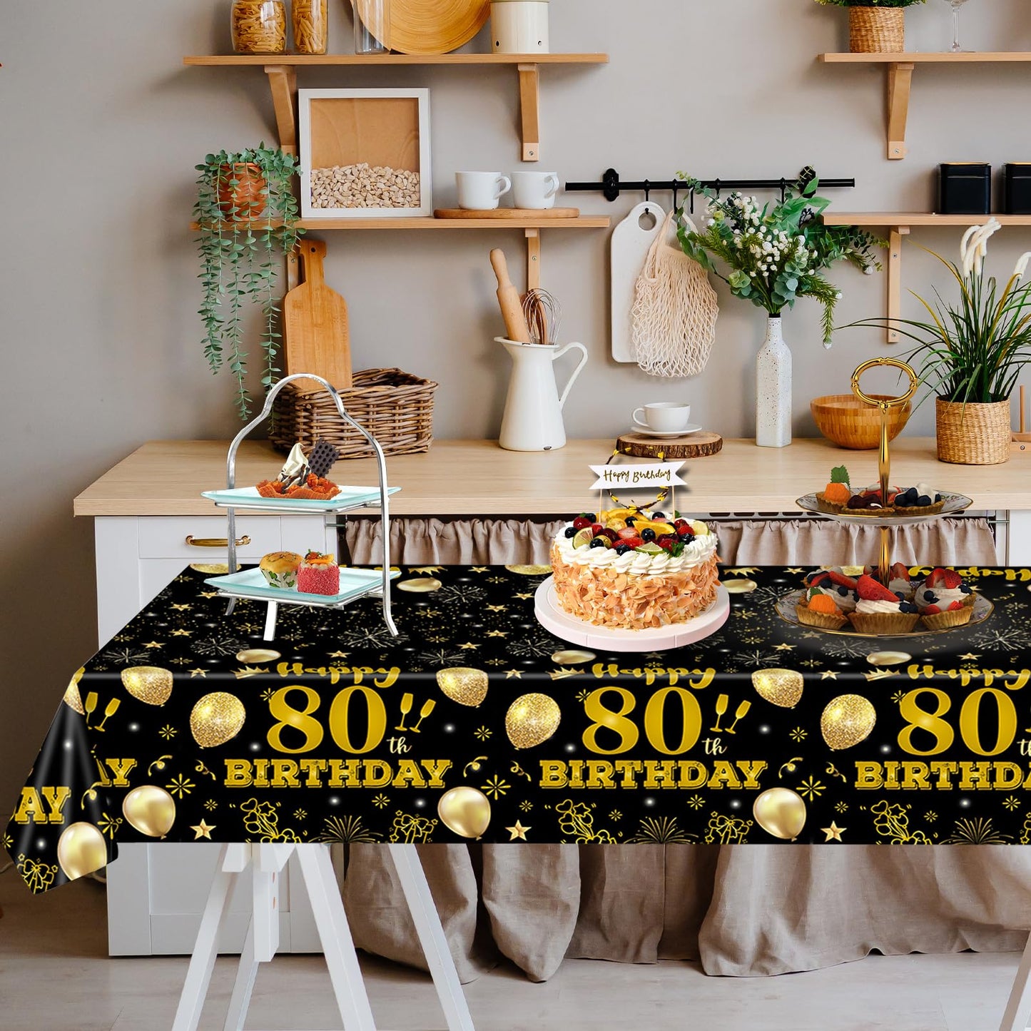 EVYIENEN 2 Pack 80th Birthday Tablecloths,54 x 108 inch Disposable Black and Gold Plastic Waterproof Rectangular Table Covers for Men’s Christmas Party Decorations