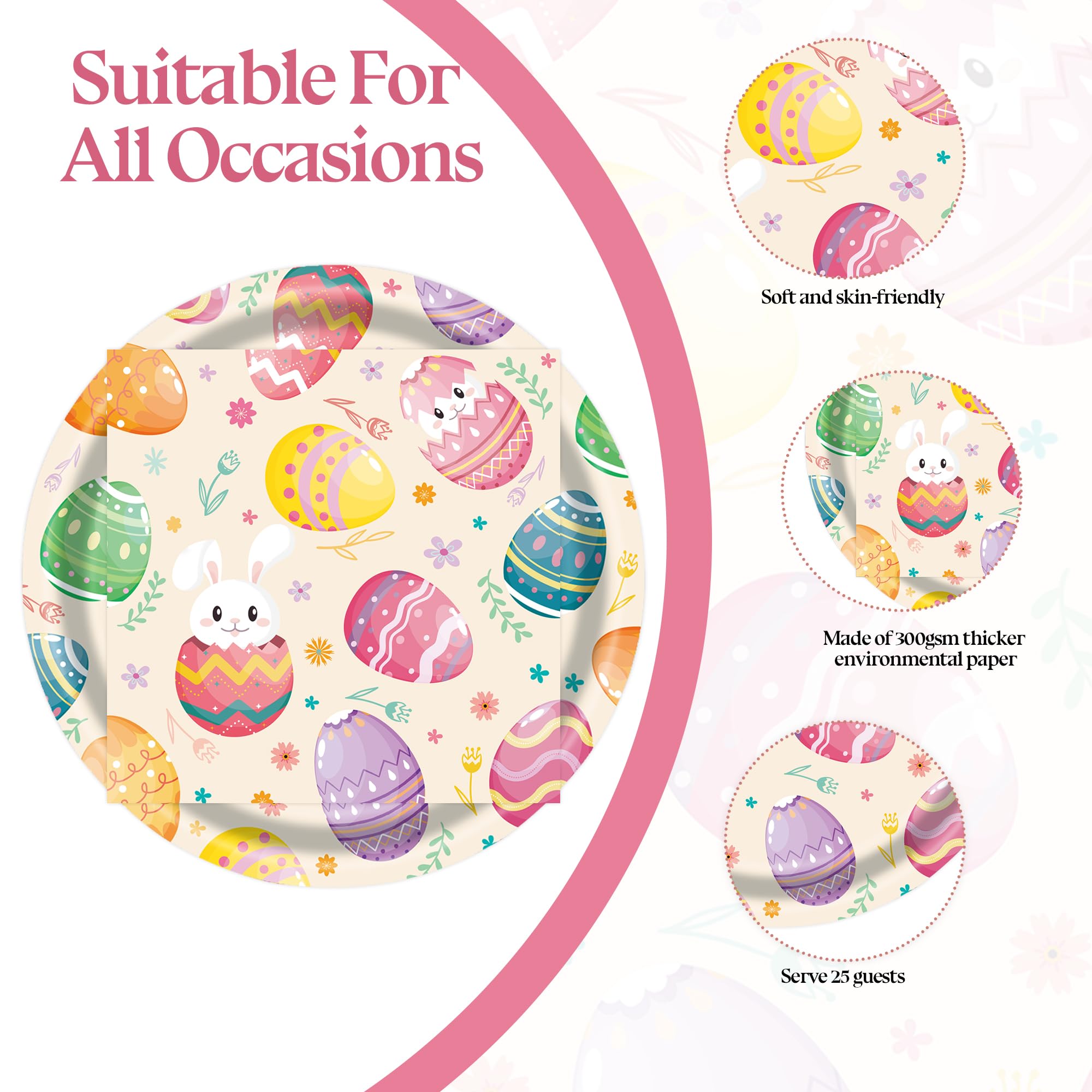 50 Pcs Easter Paper Plates and Napkins, 7 Inch Colorful Bunny & Egg Tableware Set, Serves 25