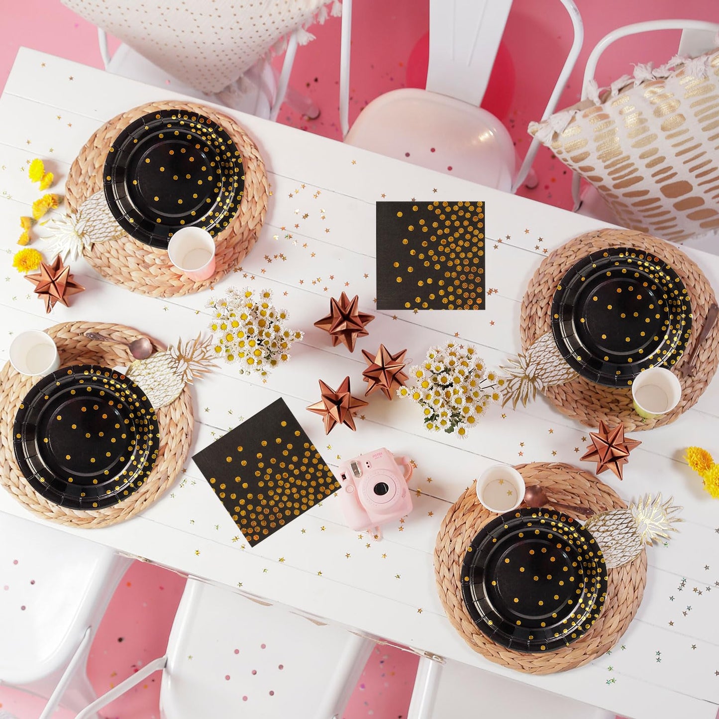 50Pcs Black and Gold Birthday Dinner Plates and Napkins, 9 Inch Gold Foil Dot Dessert Plates with Napkins for Birthdays, Weddings and New Year, Serves 25