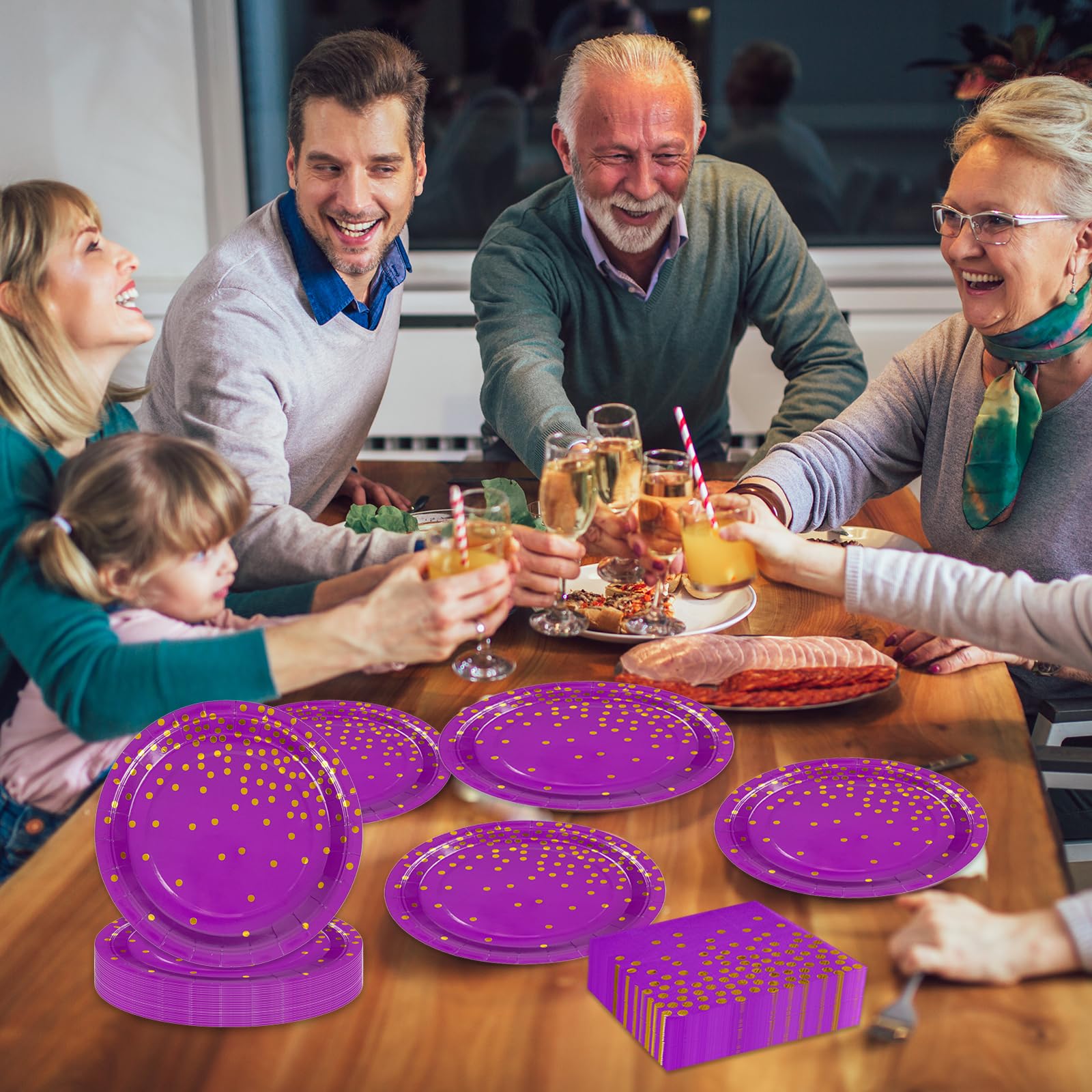 50PCS Purple and Gold Birthday Dinner Plates and Napkins Party Supplies,25 x 7 inch Purple Gold Foil Decorations Dessert Plates and 25 x 6.5 inch Napkins for Birthdays New Year Weddings Graduations