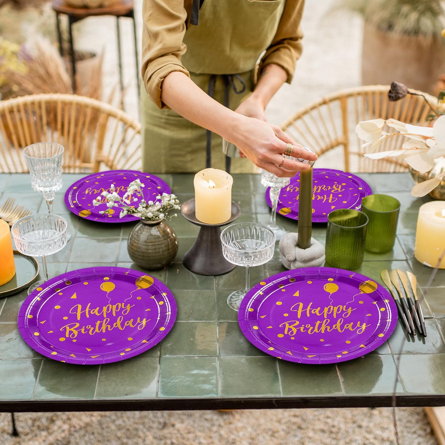 50 Pcs Purple and Gold Paper Plates,7 inch Halloween Paper Plates Disposable Happy Birthday Dessert Cake Plate Party Supplies for Halloween Fall Thanksgiving Birthday Wedding Party Decorations
