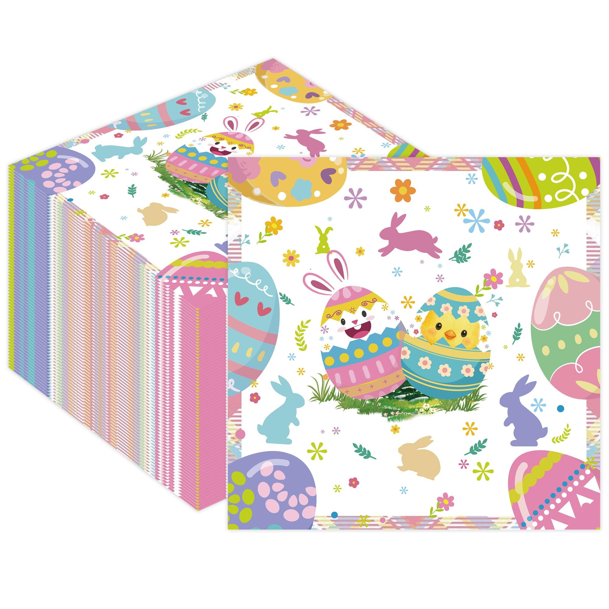 50Pcs Easter Paper Napkins - 6.5'' x 6.5'' Vibrant Bunny Eggs Floral Cocktail Napkins Disposable Decoration Supplies for Easter Spring Birthday Party
