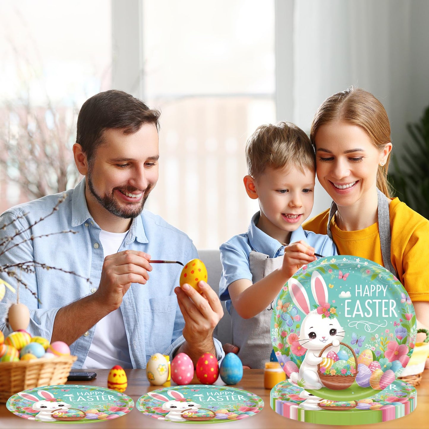 75Pcs Easter Bunny Tableware Set with Forks, 7 Inch Disposable Egg and Spring Flower Plates and Napkins, Serves 25