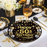50Pcs 50th Birthday Paper Plates, 9 Inch Black and Gold Disposable Dessert Plates for Men and Women, 50th Birthday and Wedding Party