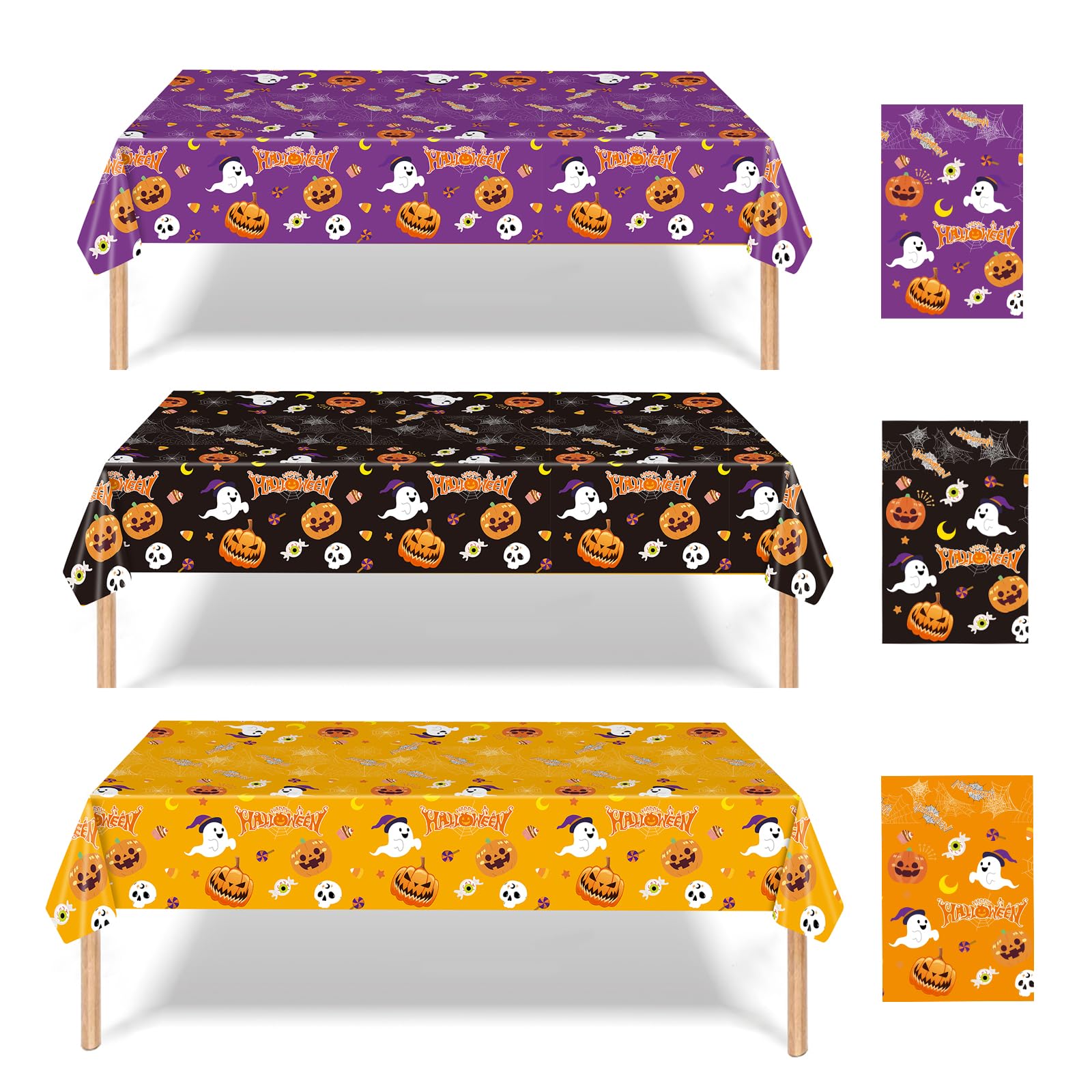 EVYIENEN 3 Pack Happy Halloween Tablecloth,Halloween Cute Pumpkin Ghost Plastic Table Cloth Waterproof Disposable Rectangular for Halloweens Party Picnic Dinner Decor