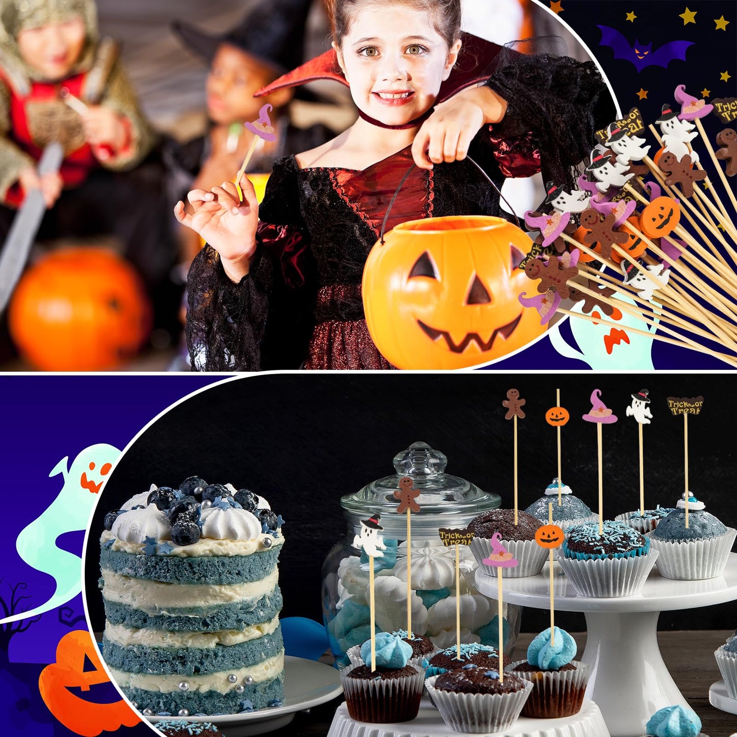 100PCS Halloween Cocktail Picks,4.7inch Halloween Toothpicks for Appetizers Natural Bamboo Cocktail Picks for Halloween Birthday Cake Party Decorations