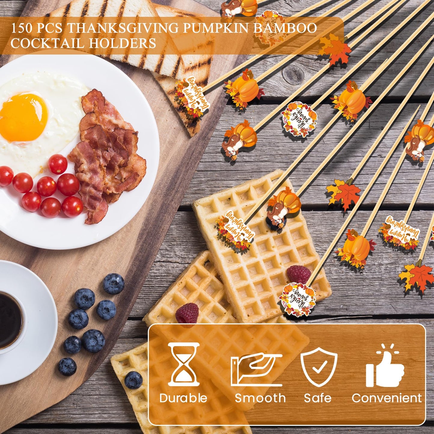 150PCS Thanksgiving Cocktail Picks,Autumn Theme Turkey Squirrel Pumpkin Maple Leaf Bamboo Cocktail Toothpicks Fruit Skewers Drink Dessert for Thanksgiving Day Party Decoration