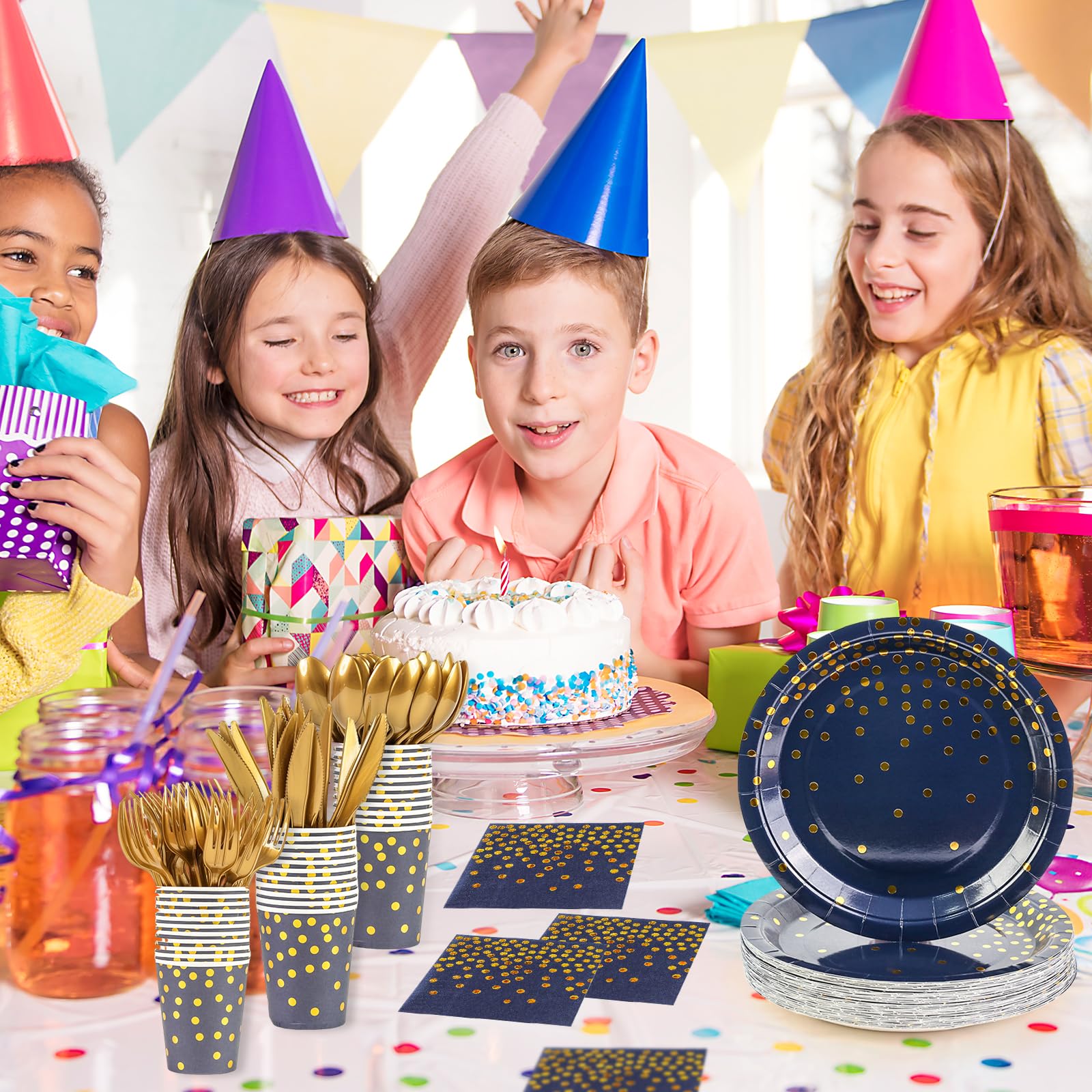 168PCS Blue and Gold Party Supplies,Disposable Party Decorations Paper Plates Napkins Cups Plastic Forks Knives Spoons for Birthday New Year Wedding,Serve 24