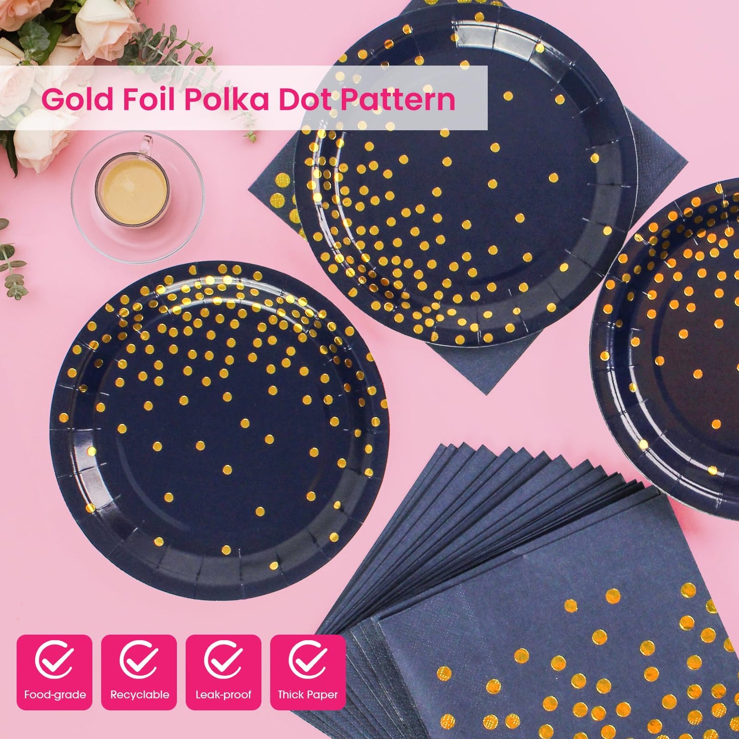 50Pcs Dark Blue and Gold Dinner Plates and Napkins, 9 Inch Gold Foil Dot Dessert Plates with Napkins for Birthdays, Weddings and New Year, Serves 25