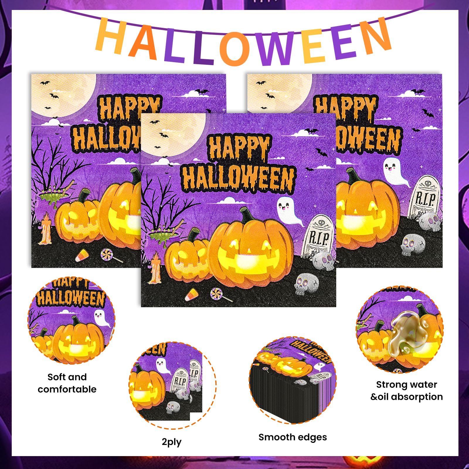 50 Pcs Halloween Napkins,13 x 13 Inch Pumpkin Ghosts Skeletons Disposable Luncheon Cocktail Napkins Party Supplies for Halloween Gifts Dinner Party Decoration