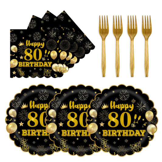 EVYIENEN 75 PCS 80th Birthday Party Supplies Paper Plates and Napkins, Black and Gold 80th Birthday Plates Napkins Tableware Set for Boys Men Tableware Set Decorations